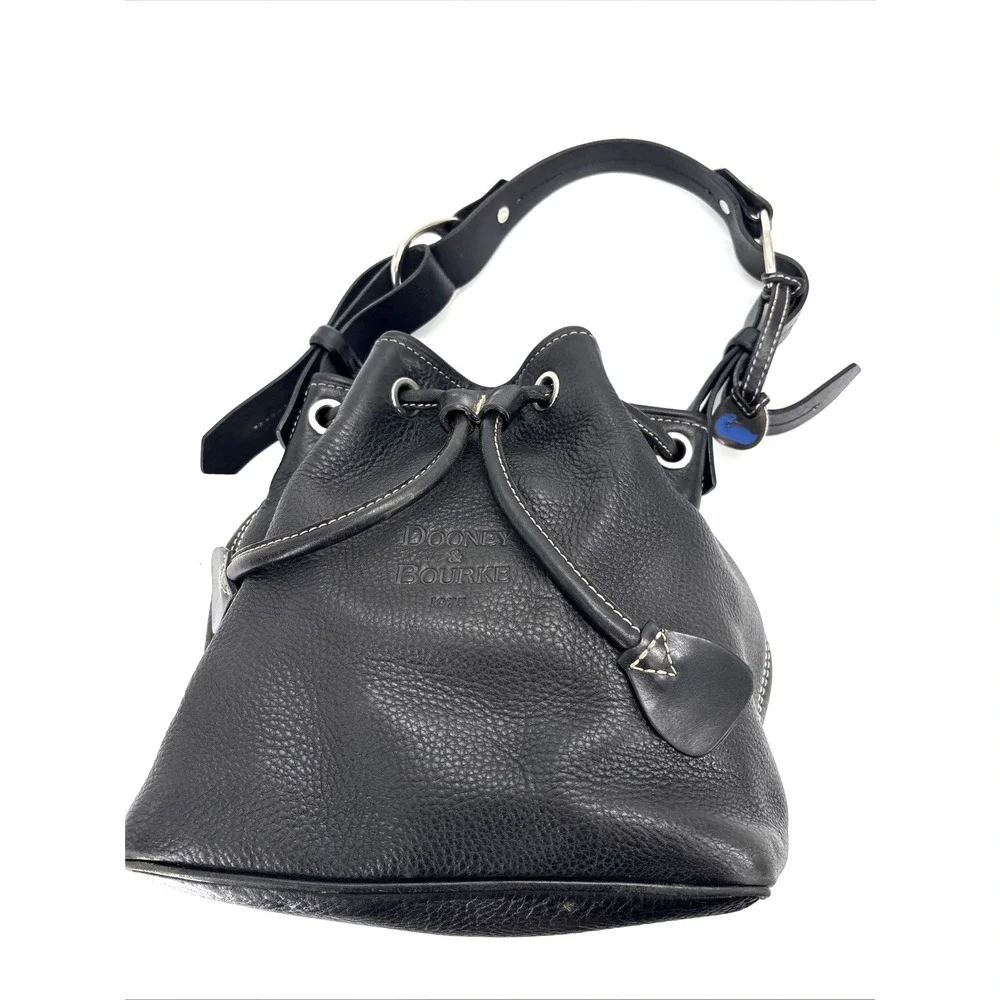 Dooney Bourke Vintage Black Pebble Leather Drawstring Bucket Shoulder Bag Purse